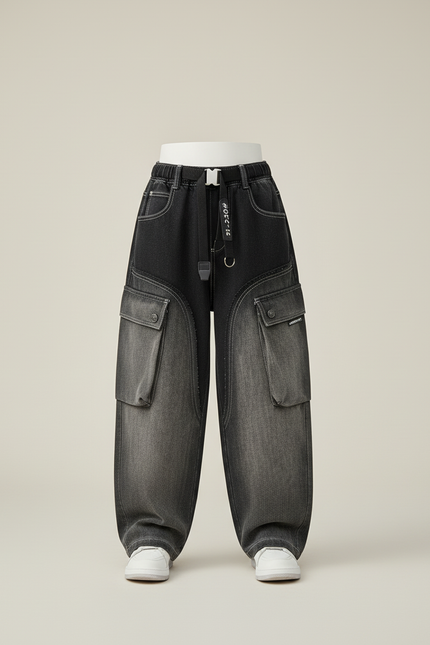 Pantalon Baggy Jean Dégradé Cargo Ample Enfant - Noir - vue 3