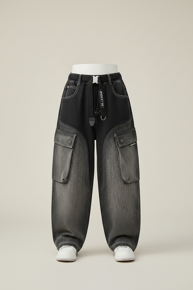 Pantalon Baggy Jean Dégradé Cargo Ample Enfant - Noir - vue 3