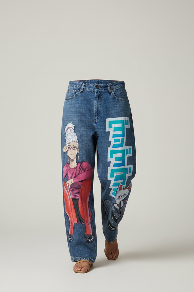 Pantalon Baggy Jean Bleu Manga Dessins Animés Ample - vue 3