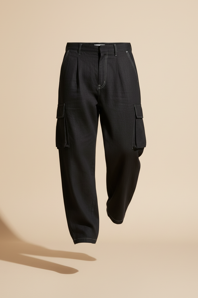 Pantalon Baggy Noir Ample Cargo Couture Blanche Homme - Toile - vue 3