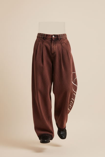 Pantalon Baggy Marron Délavé Ample Brodé Homme - Jean - vue 3