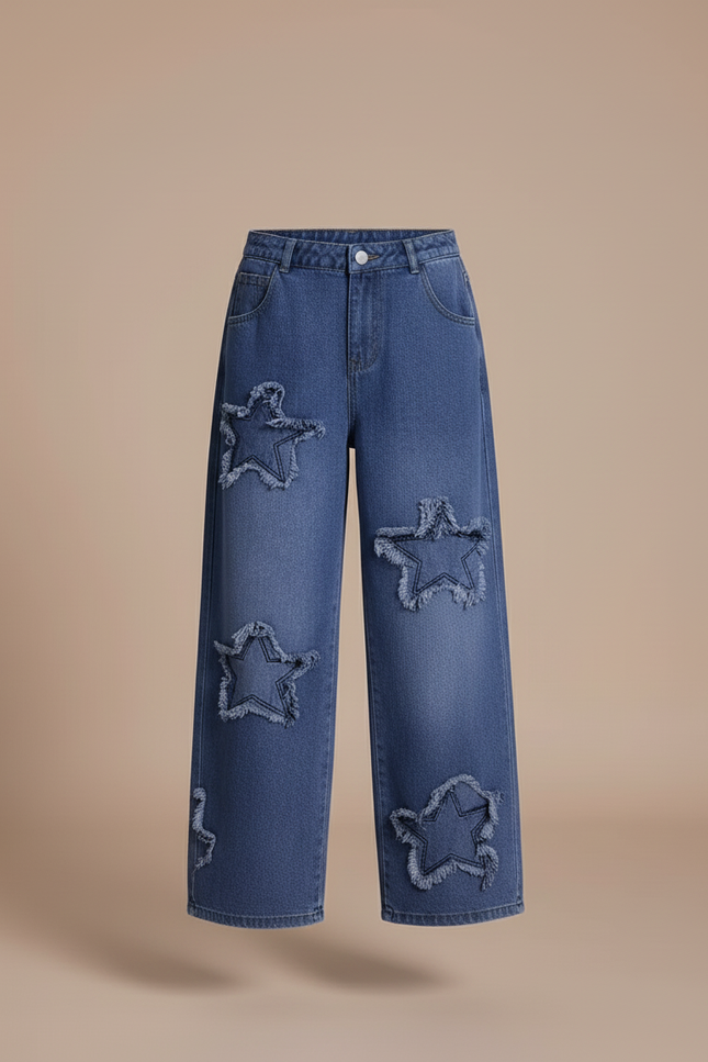 Pantalon Baggy Bleu Jean Étoiles Déchirées Ample Enfant - vue 3
