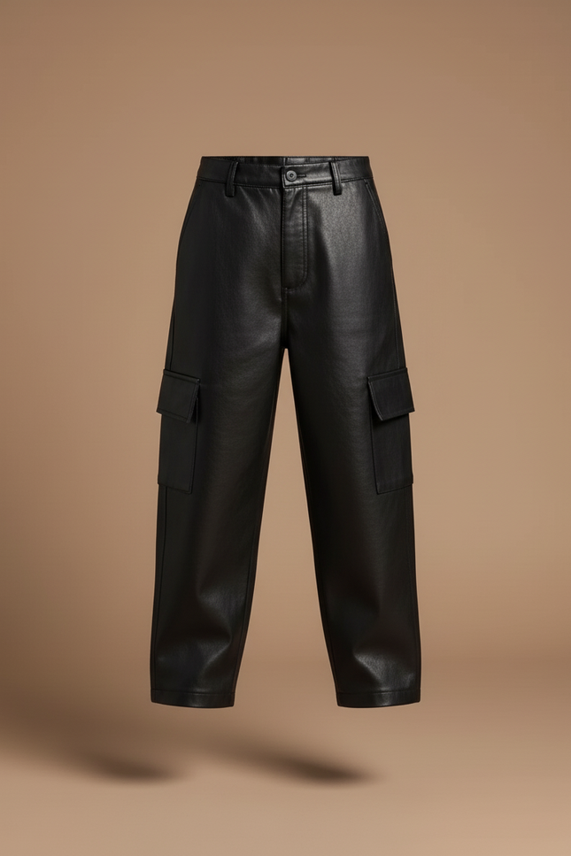 Pantalon Baggy Noir Cuir Ample Cargo Enfant - vue 3