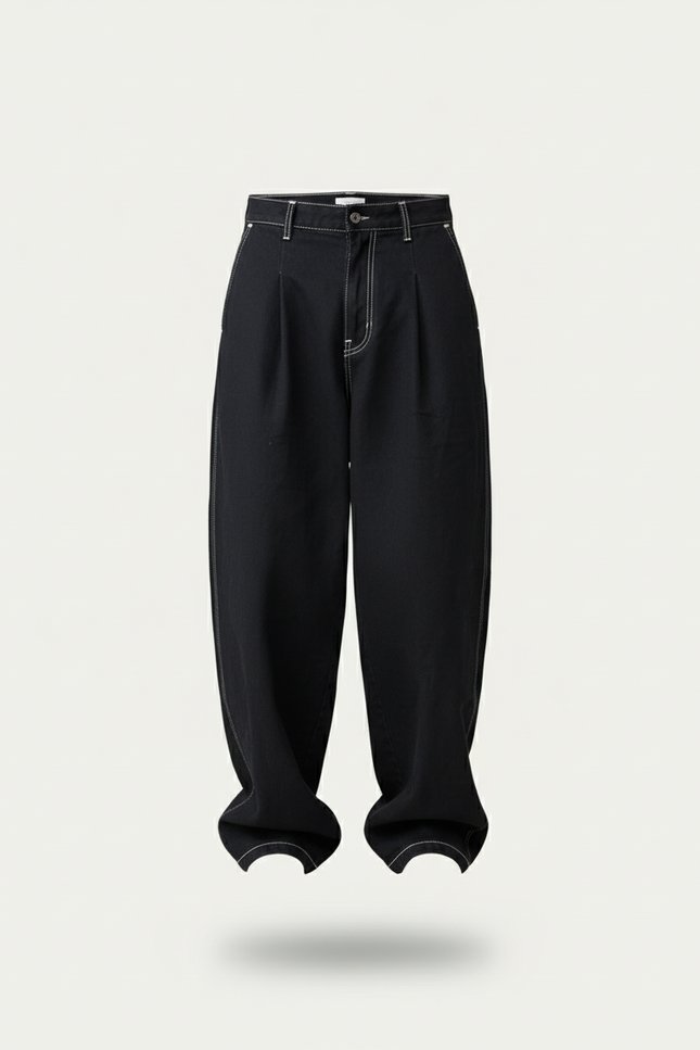 Pantalon Baggy Noir Ample Surpiqué Brodé Décontracté - Jean - vue 3