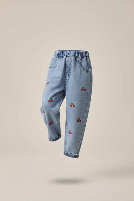 Pantalon Baggy Jean Bleu Brodé Cerises Enfant - vue 3