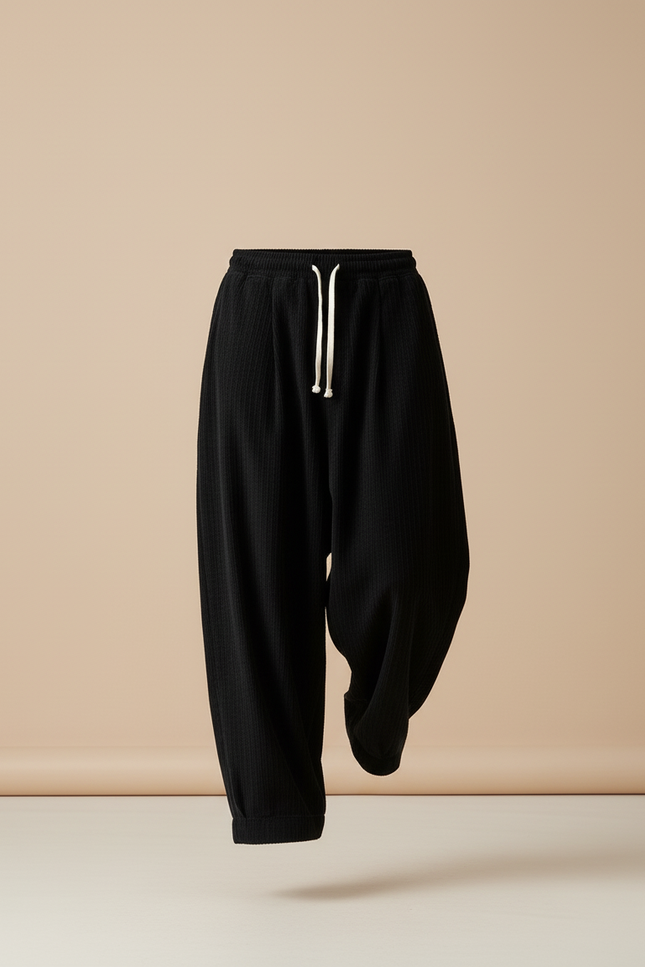 Pantalon Baggy Noir Côtelé Ample Cordon Homme - Cordé - vue 3