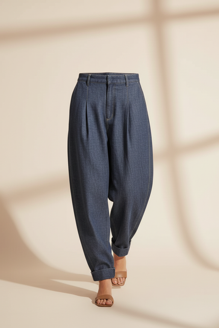 Pantalon Baggy Jean Bleu Ample Plissé Femme - vue 3