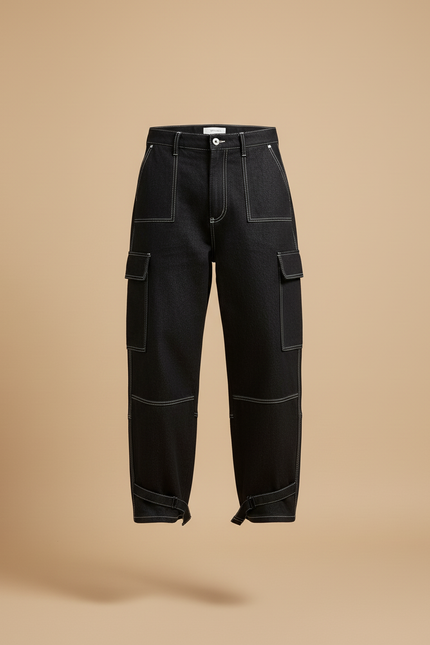 Pantalon Baggy Noir Denim Décontracté Couture Blanche Homme - Jean - vue 3