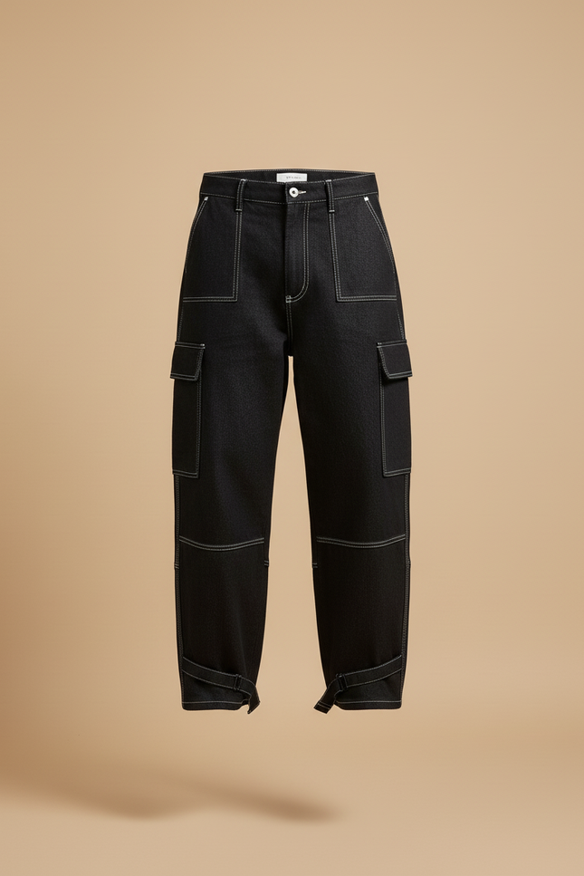 Pantalon Baggy Noir Denim Décontracté Couture Blanche Homme - Jean - vue 3