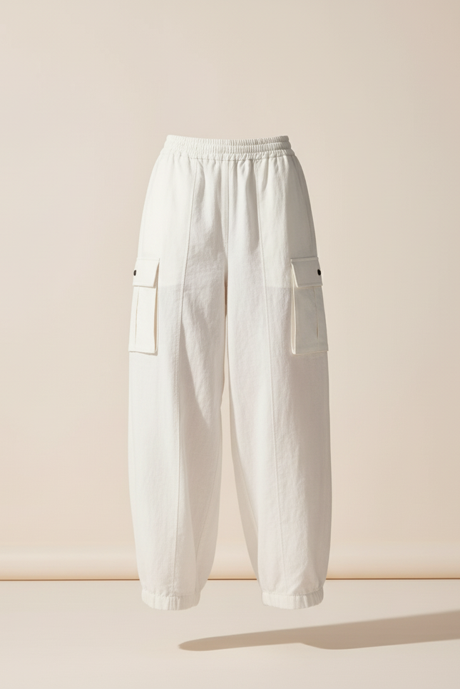 Pantalon Baggy Blanc Cargo Ample Lin Décontracté Femme - vue 3
