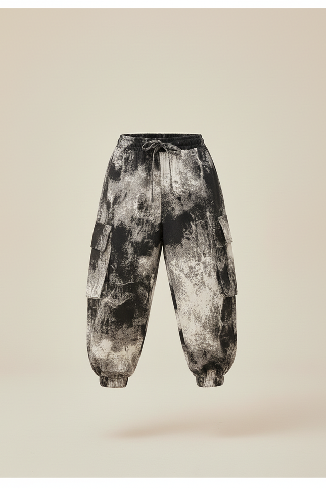 Pantalon Baggy Imprimé Tie-Dye Noir Blanc Cargo - Toile - vue 3