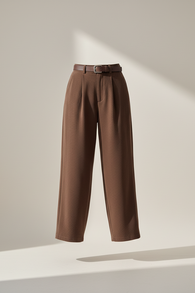 Pantalon Baggy Marron Ample Plissé Décontracté Ceinturé - Maille - vue 3