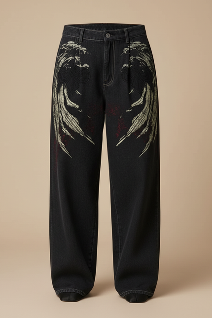 Pantalon Baggy Noir Brodé Large Taille Haute - Jean - vue 3