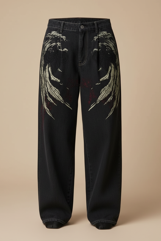Pantalon Baggy Noir Brodé Large Taille Haute - Jean - vue 3