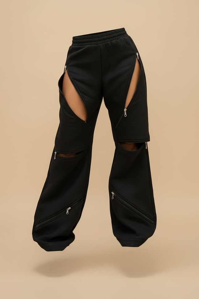 Pantalon Baggy Noir Zippé Ouvert Décontracté Ample - Molleton - vue 3