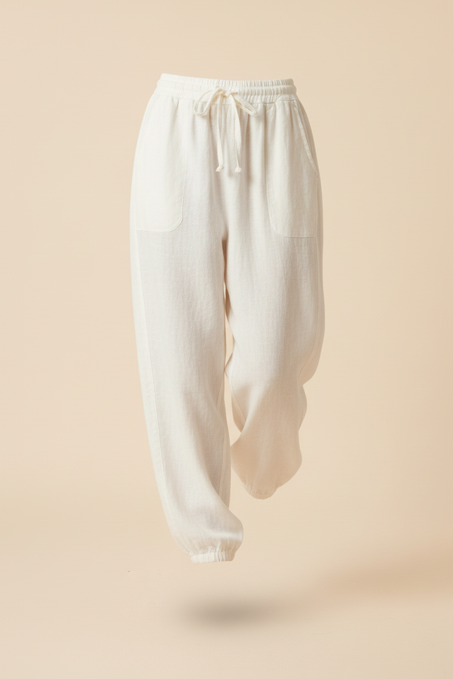 Pantalon Baggy Crème Lin Ample Confortable Femme - Blanc - vue 3