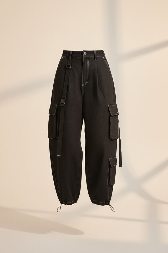 Pantalon Baggy Noir Cargo Décontracté Surpiqûres Femme - Jean - vue 3