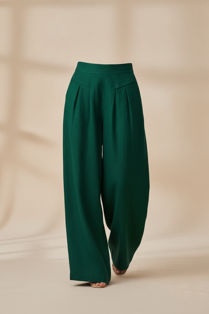 Pantalon Baggy Vert Émeraude Ample Lin Plissé - vue 3