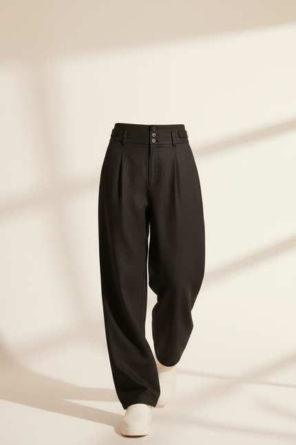 Pantalon Baggy Noir Ample Taille Haute Plissé Moderne - Tweed - vue 3