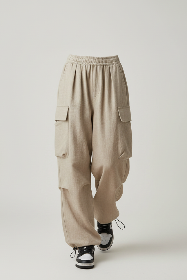 Pantalon Baggy Beige Cargo Ample Cordon Décontracté - Lin - vue 3
