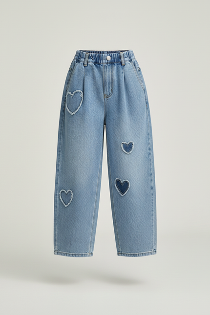 Pantalon Baggy Denim Cœurs Ample Fille Décontracté - Bleu Jean - vue 3