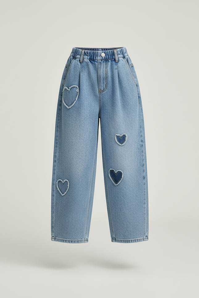 Pantalon Baggy Denim Cœurs Ample Fille Décontracté - Bleu Jean - vue 3
