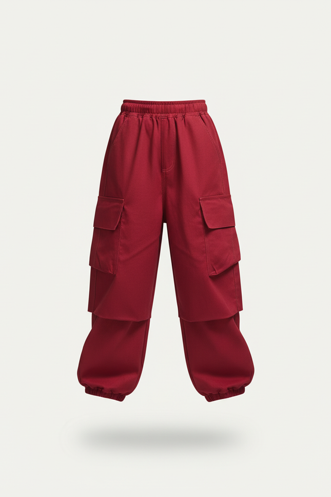 Pantalon Baggy Rouge Cargo Ample Streetwear Fille - Bordeaux Coton - vue 3