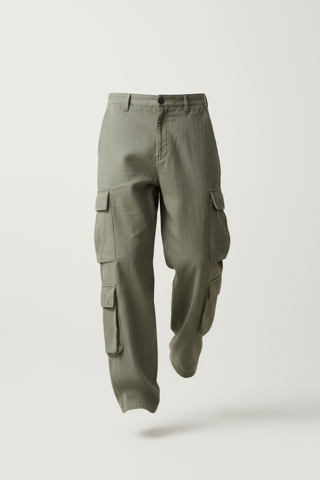 Pantalon Baggy Cargo Vert Ample Coton Homme - Kaki Toile - vue 3