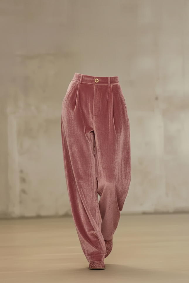 Pantalon Baggy Velours Rose Plissé Taille Haute Ample - vue 3