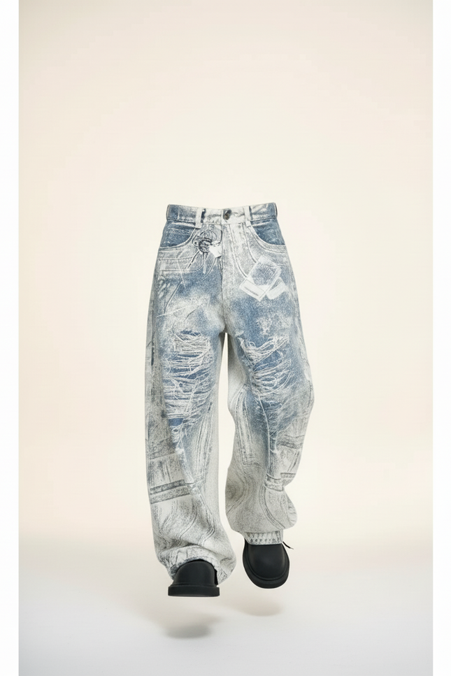 Pantalon Baggy Jean Bleu Délavé Imprimé Ample - vue 3