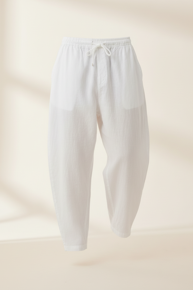 Pantalon Baggy Blanc Lin Ample Cordon Décontracté Homme - vue 3