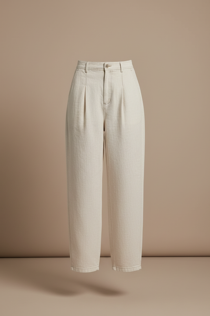 Pantalon Baggy Crème Plissé Ample Taille Haute Femme - Beige Jean - vue 3