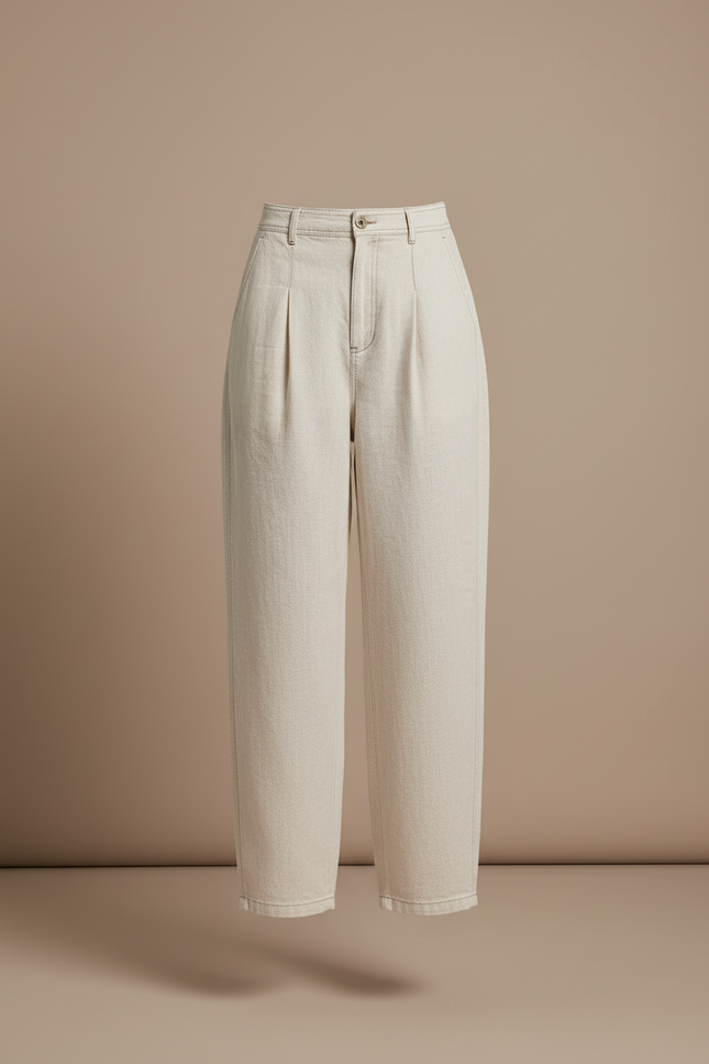 Pantalon Baggy Crème Plissé Ample Taille Haute Femme - Beige Jean - vue 3