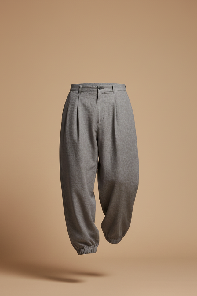 Pantalon Baggy Gris Plissé Ample Chevilles Élastiques Décontracté Homme - Gabardine - vue 3