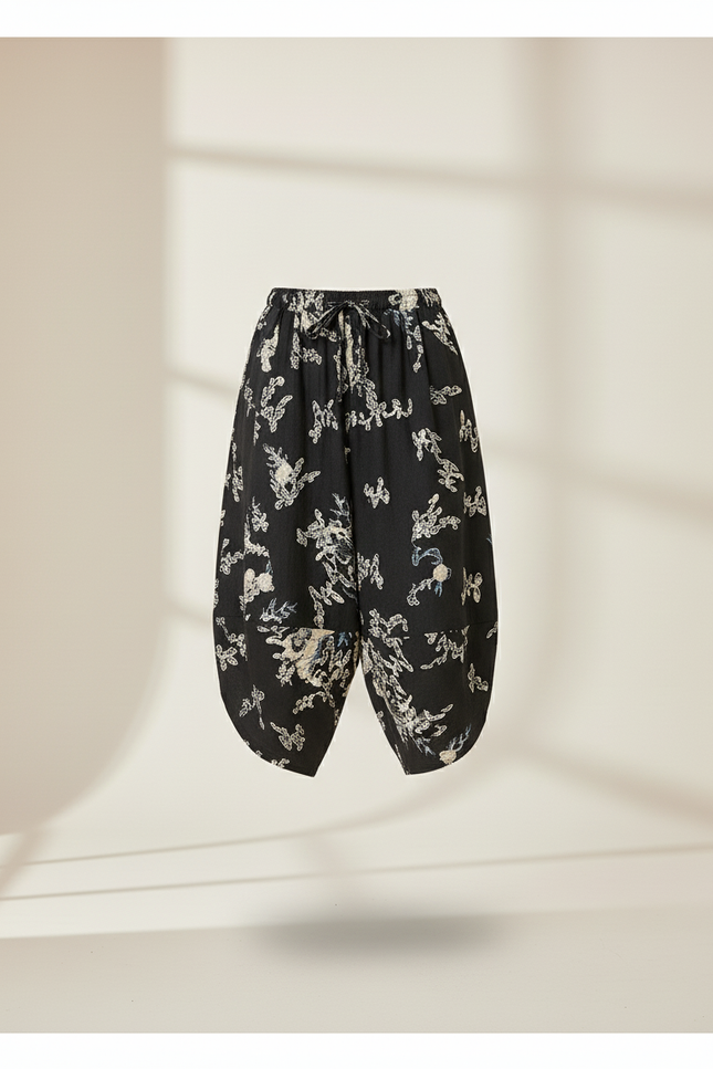 Pantalon Baggy Noir Imprimé Fluide Harem Femme - Lin - vue 3