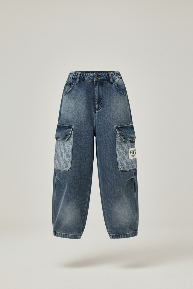 Pantalon Baggy Jean Dégradé Cargo Imprimé Garçon - Bleu - vue 3