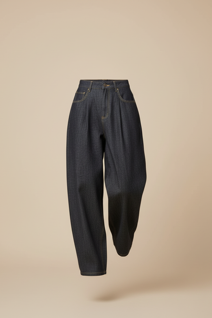Pantalon Baggy Denim Bleu Marine Ample Plissé Femme - Jean - vue 3