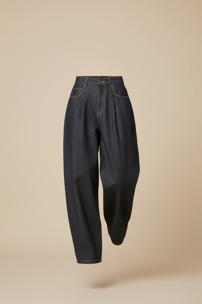 Pantalon Baggy Denim Bleu Marine Ample Plissé Femme - Jean - vue 3