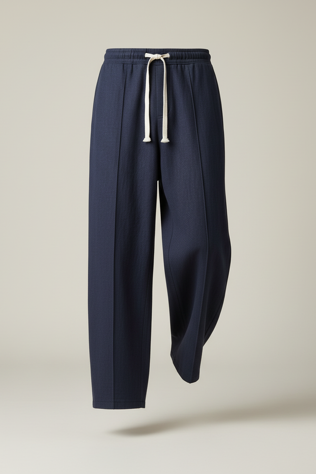 Pantalon Baggy Marine Coton Droit Confortable Cordon - Lin - vue 3