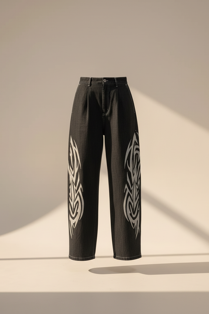 Pantalon Baggy Noir Ample Imprimé Tribal Streetwear - Jean - vue 3