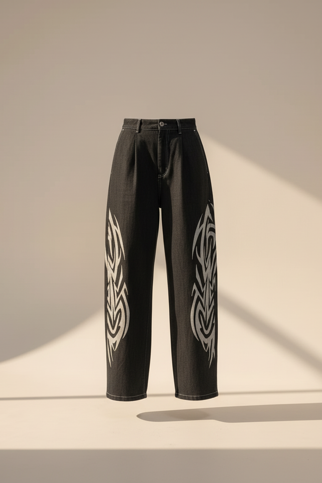 Pantalon Baggy Noir Ample Imprimé Tribal Streetwear - Jean - vue 3