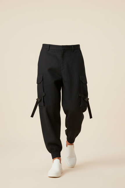 Pantalon Baggy Noir Cargo Décontracté Cordon Homme - Lin - vue 3