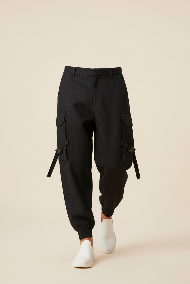 Pantalon Baggy Noir Cargo Décontracté Cordon Homme - Lin - vue 3