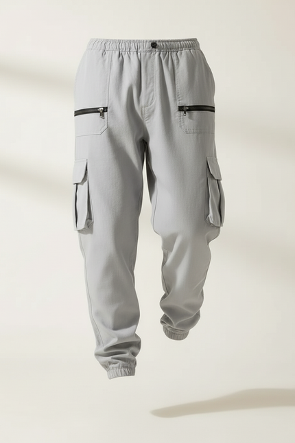 Pantalon Baggy Gris Cargo Zippé Cordon Fluide - Coton - vue 3