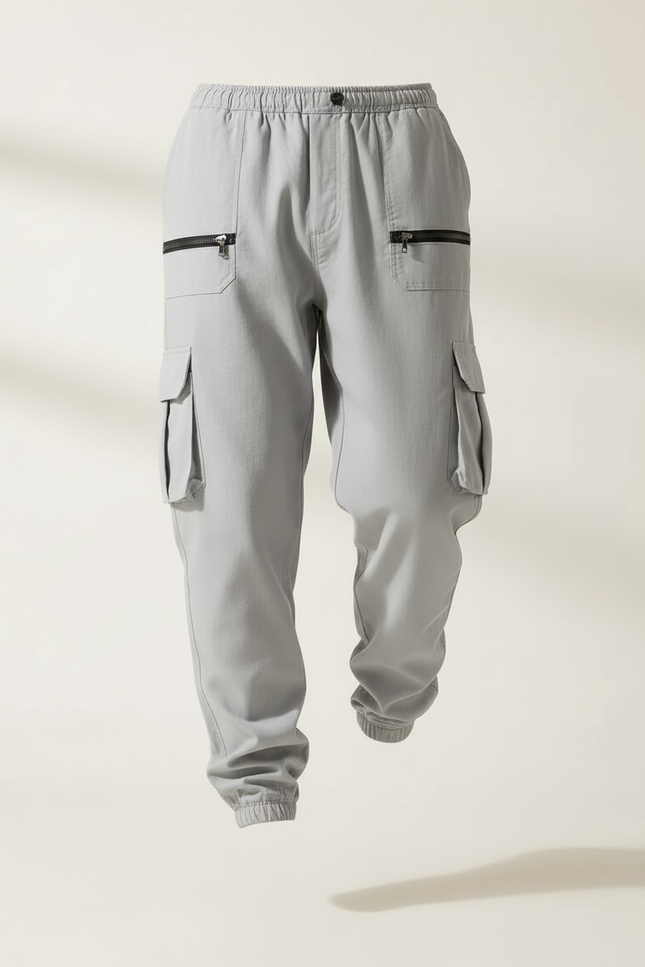 Pantalon Baggy Gris Cargo Zippé Cordon Fluide - Coton - vue 3