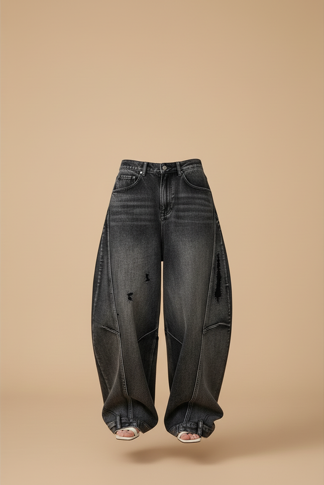 Pantalon Baggy Jean Noir Ample Droit Vintage Femme - vue 3