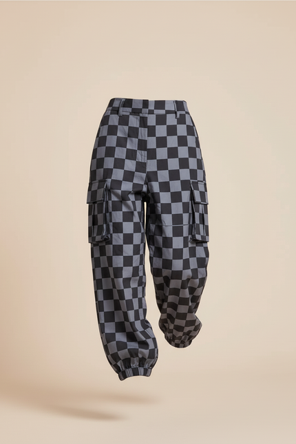 Pantalon Baggy Carreaux Noir Gris Cargo Ample - Imprimé Polyester - vue 3