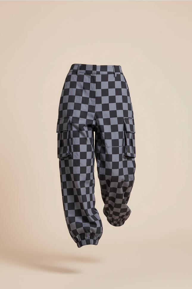 Pantalon Baggy Carreaux Noir Gris Cargo Ample - Imprimé Polyester - vue 3