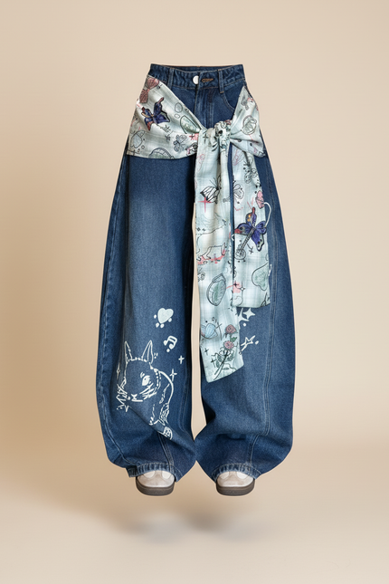 Pantalon Baggy Denim Large Brodé Papillons Chat - Bleu Jean - vue 3