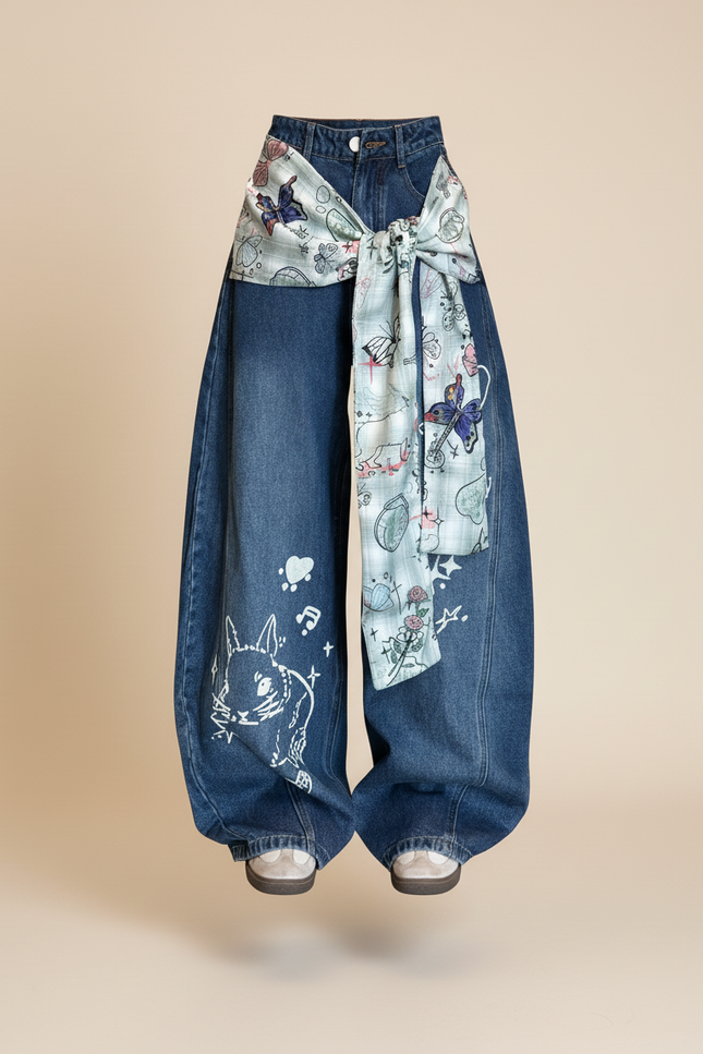 Pantalon Baggy Denim Large Brodé Papillons Chat - Bleu Jean - vue 3